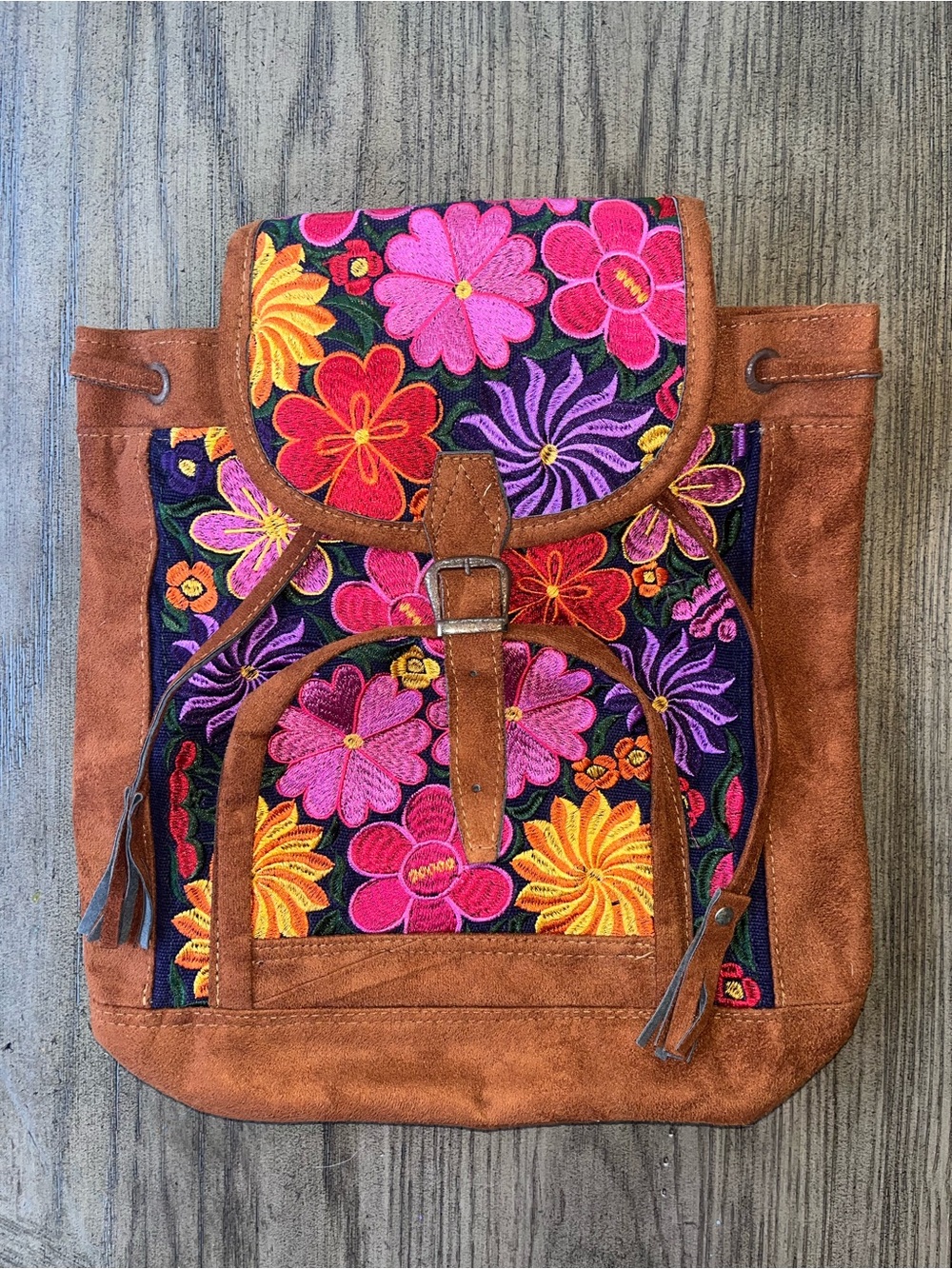 Embroidered Floral Faux Suede Backpack - Brown with Multicolor Flowers